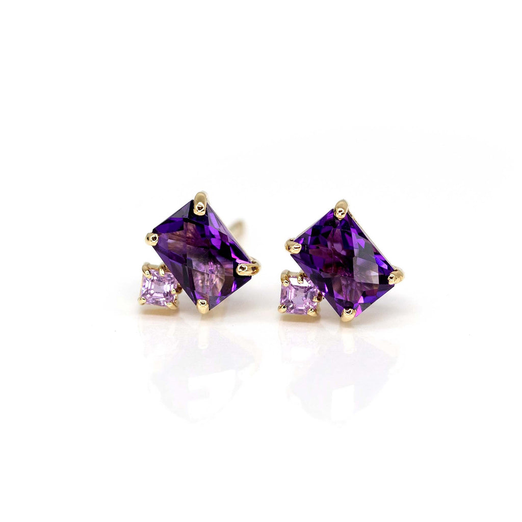 Handmade fine jewelry : Gemstone stud earrings made of amethyst and pink sapphire. Absolutely stunning!