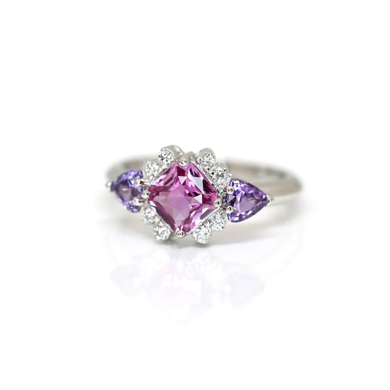 Beautiful platinum ring with colorful sapphires handmade in Montreal by Ruby Mardi, a custom jewelry studio.