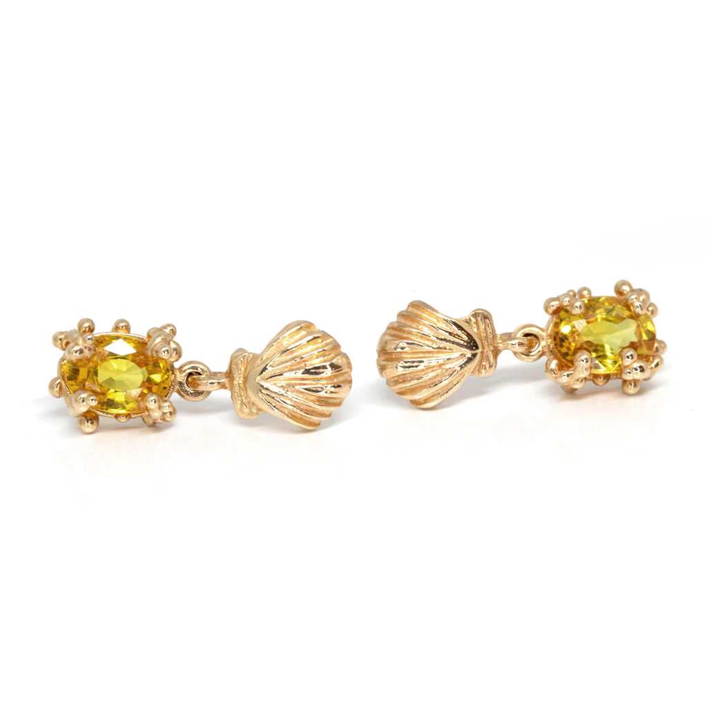 ruby mardi jewellers colored gemstone yellow gold sapphire earrings shield shape dainty studs made by meg lizabet canadian jewelry designer montreal ruby mardi