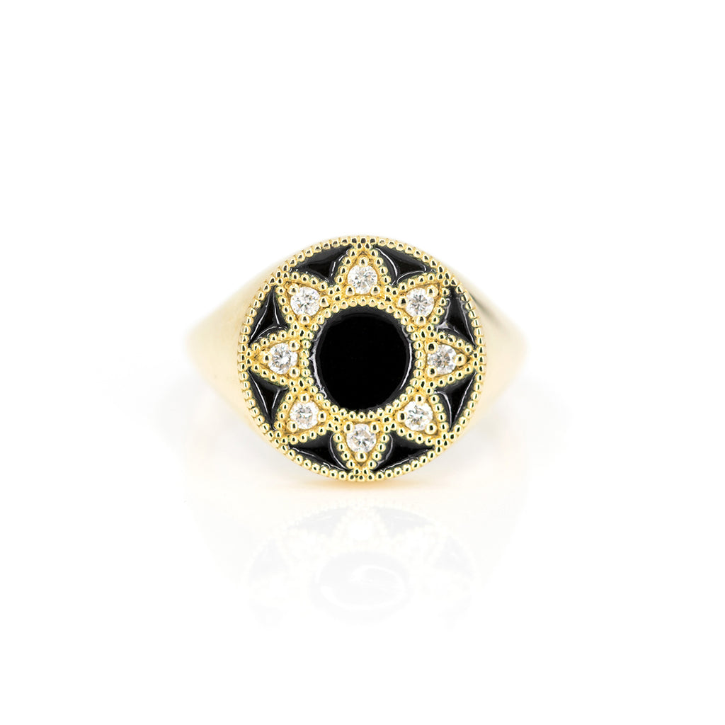 stunning emily gill enamel yellow gold designer ring custom made in montreal at ruby mardi jeweler in montreal on white background