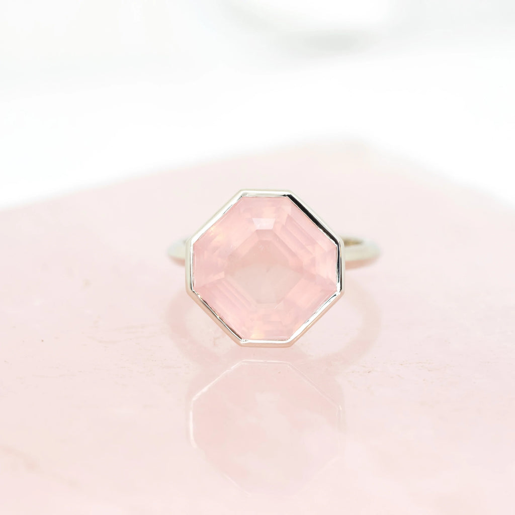 bena jewelry rose quartz cocktail ring custom made jewellery in montreal in white gold on pink and white background