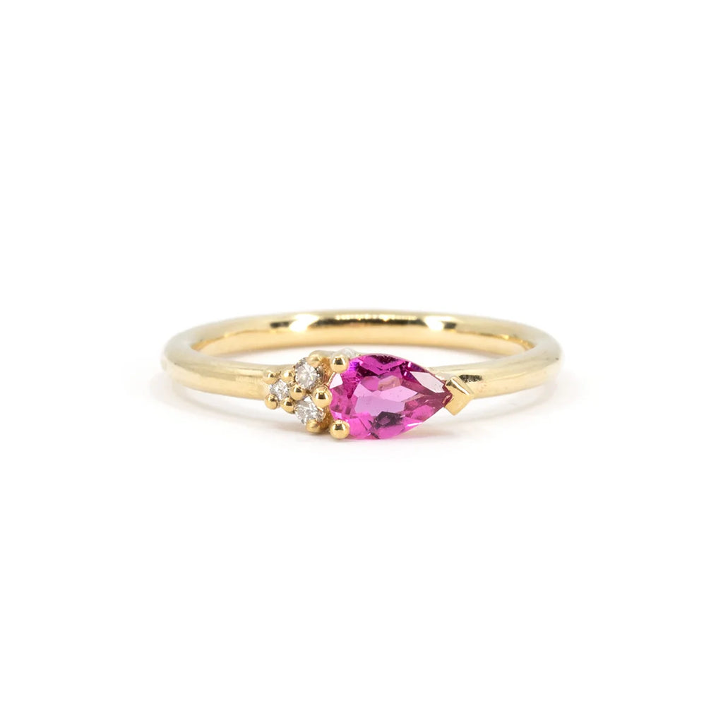 Delicate pink tourmaline ring with diamond accents set in yellow gold, part of Ruby Mardi's Jewelry Under $1000 collection. Handmade in Montreal, Canada.