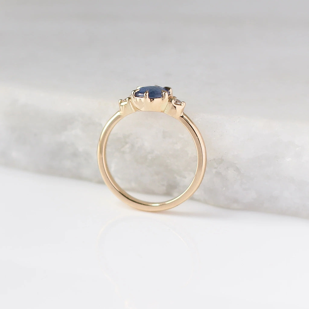 One-of-a-kind blue sapphire ring handcrafted in 14k gold by Yuliya Chorna. Natural rose-cut sapphire with Canadian diamonds. Size 6 ready to ship.