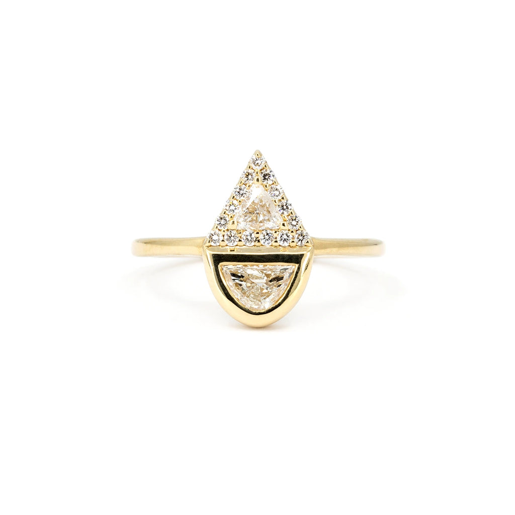Geometric diamond engagement ring with half-moon and trillion cut diamonds, halo design in yellow gold, handcrafted by Anastassia Sel, available at Ruby Mardi, Montreal.
