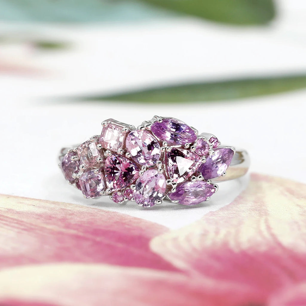This splendid jewelry made with natural pinkish purple sapphire gems of various shapes, such as trillion, marquise and other original shapes. This one-of-a-kind fine piece of jewelry is made in Montreal at Ruby Mardi jewelry, Canada's best independent jewelry store.