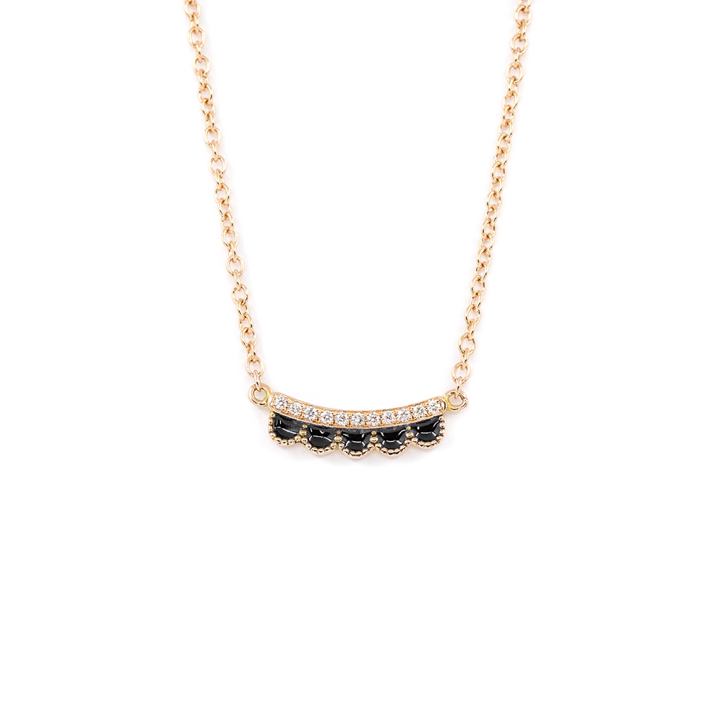 Ruby Mardi necklace in 14k rose gold with black enamel scallop detail and pavé-set natural diamonds. Elegant and timeless designer jewelry by Emily Gill.