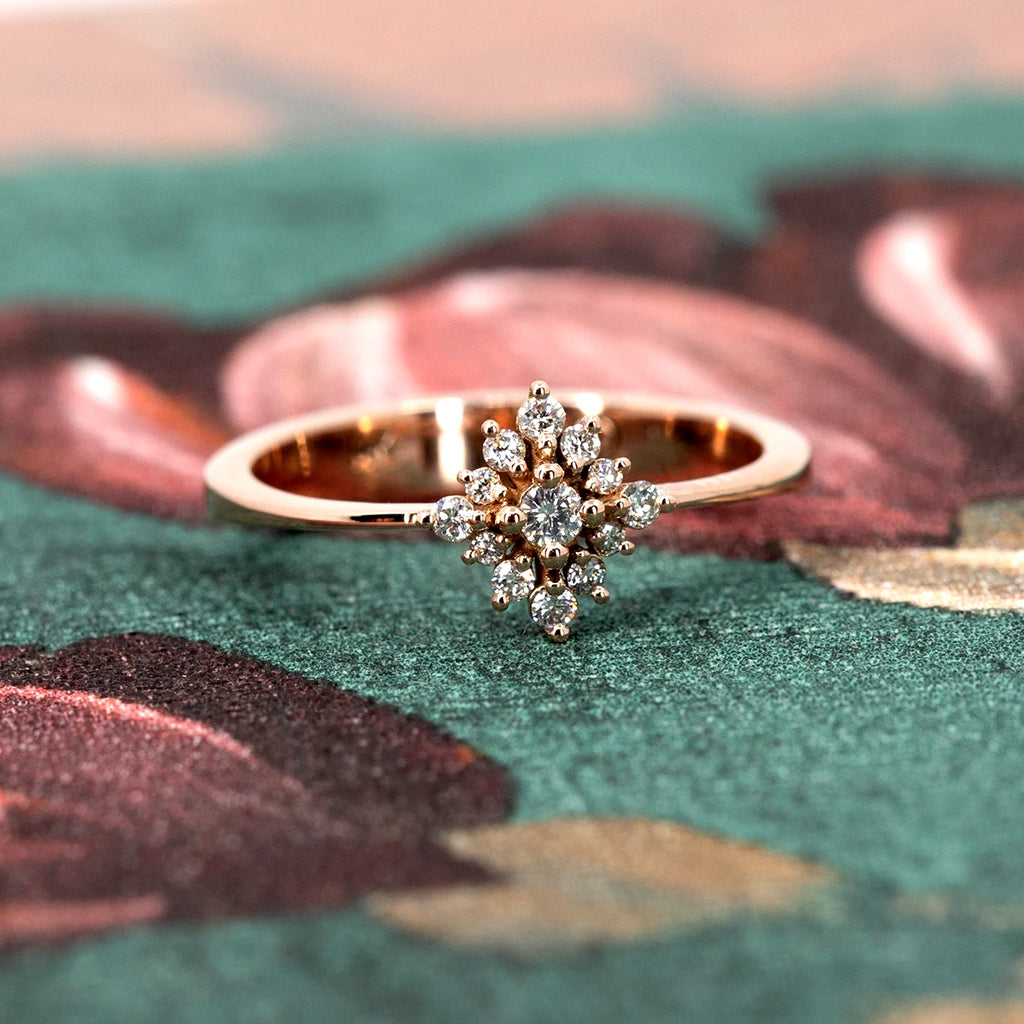 The Solstice ring, a luminous 14k rose gold creation featuring a radiant diamond cluster. Inspired by celestial brilliance, this elegant design captures warmth and sparkle. Photographed on an artistic backdrop, highlighting its delicate craftsmanship. Available at Ruby Mardi, an independent jewelry boutique in Montreal offering custom designs.