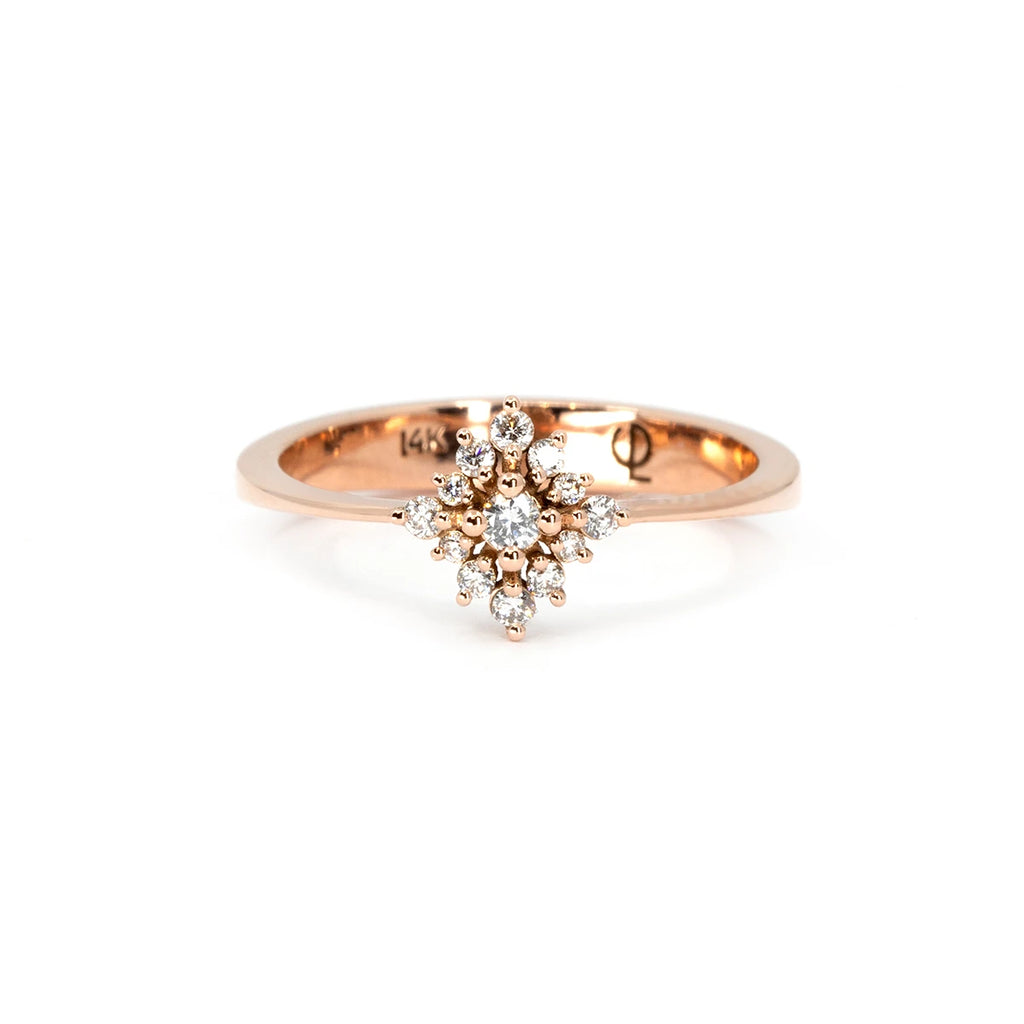 The Solstice ring, a delicate 14k rose gold piece featuring a brilliant diamond cluster. Inspired by celestial beauty, this refined design radiates warmth and elegance. Available at Ruby Mardi, an independent jewelry boutique in Montreal offering custom creations.
