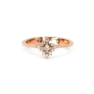 The Solstice ring, a delicate 14k rose gold piece featuring a brilliant diamond cluster. Inspired by celestial beauty, this refined design radiates warmth and elegance. Available at Ruby Mardi, an independent jewelry boutique in Montreal offering custom creations.