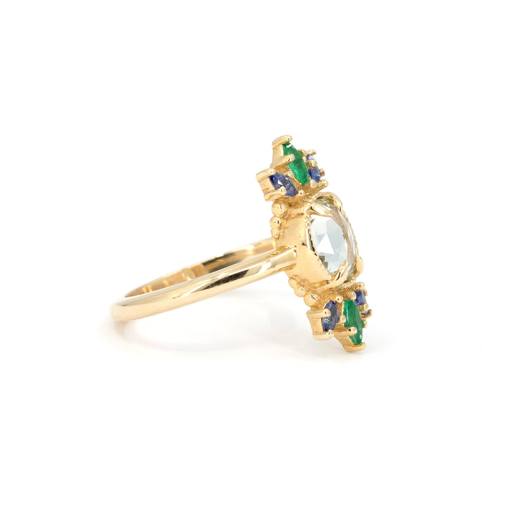 Nadia Werchola’s yellow gold sapphire and emerald ring — a bold, modern design available at Ruby Mardi, Montreal’s independent jewelry boutique.