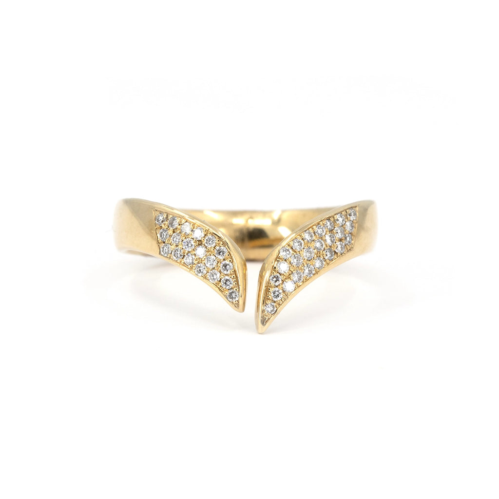 V-shaped diamond band in solid 10k yellow gold by Canadian jeweller Nadia Werchola, featuring a fully pavé-set front surface of lab-created diamonds. The ring is photographed on a clean white background to highlight its bold open design and modern contour.
