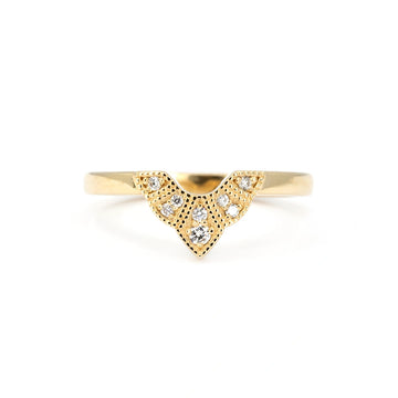 V-shaped yellow gold stacking ring with natural diamonds and milgrain detail, designed by Deborah Lavery in Toronto for Ruby Mardi. Photographed on white background.