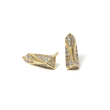 Product photography on white background of a pair of edgy modern designer unisex diamond stud earrings. This high end piece of jewellery was designed in Montreal by local brand Bena Jewelry. 