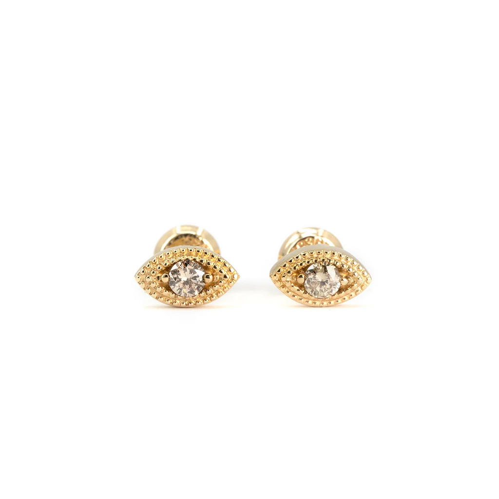 Gold stud earrings with round champagne diamonds and fine milgrain accents, handmade by independent Canadian designer Emily Gill for Ruby Mardi, photographed against a white background.