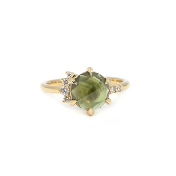 Green moss rose-cut sapphire ring with white diamond accents, set in 14k yellow gold. Unique engagement ring by Fluid Jewellery, available at Ruby Mardi in Montreal.