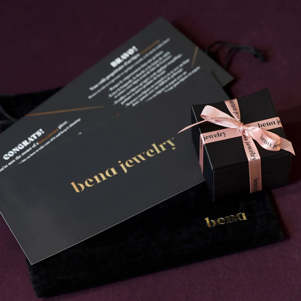 Packaging from Bena Jewelry, an independent jewellery brand from Montreal.