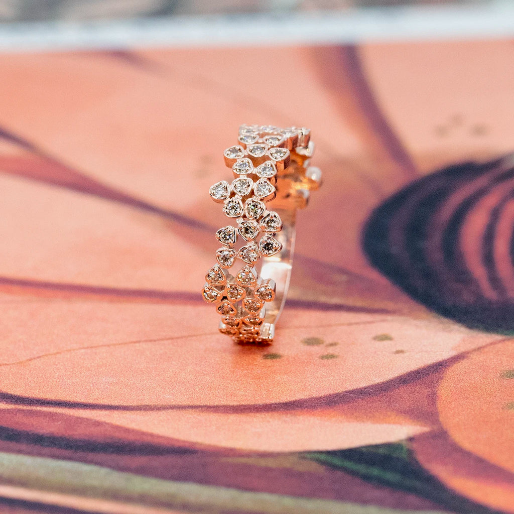 This ring made with champagne diamonds in rose gold by Canadian independent jewelry designer Oleg Leybman. This fine jewelry ring is made in Canada and is available for sale at the best jewelry store in Montreal, Ruby Mardi.