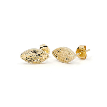 14k yellow gold marquise-shaped earrings with intricate hand-engraved scroll designs. Photographed on a white background, these earrings exude elegance and sophistication.