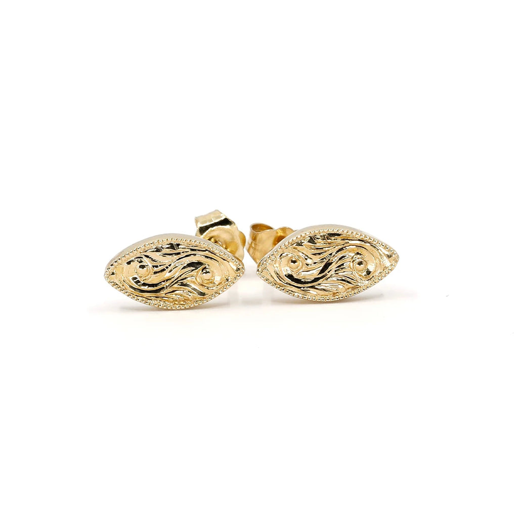 14k yellow gold marquise-shaped earrings photographed from a face-forward angle on a white background. The intricate hand-engraved scroll designs are clearly visible, showcasing their elegant and sophisticated style.