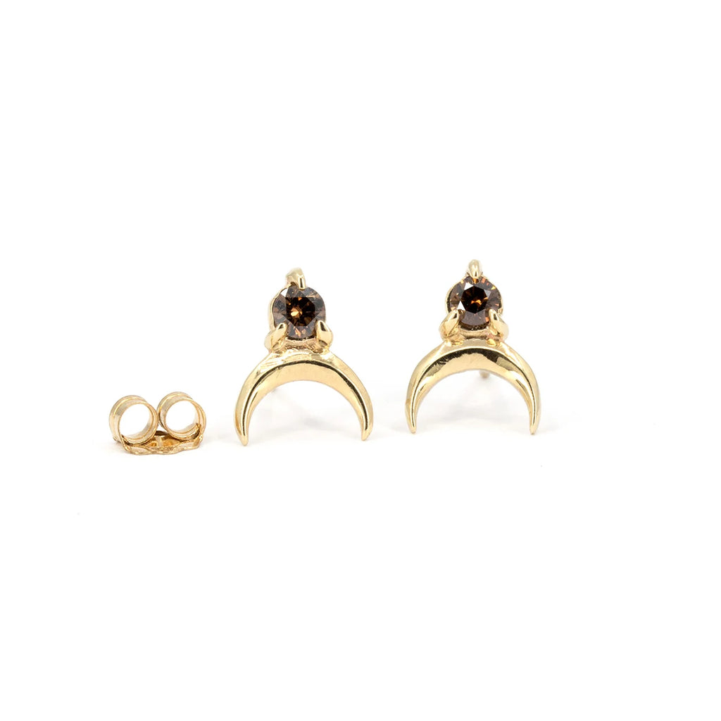 Front view of crescent-moon earrings with chocolate round diamonds in 10k gold, artisan jewelry by Nadia Werchola.