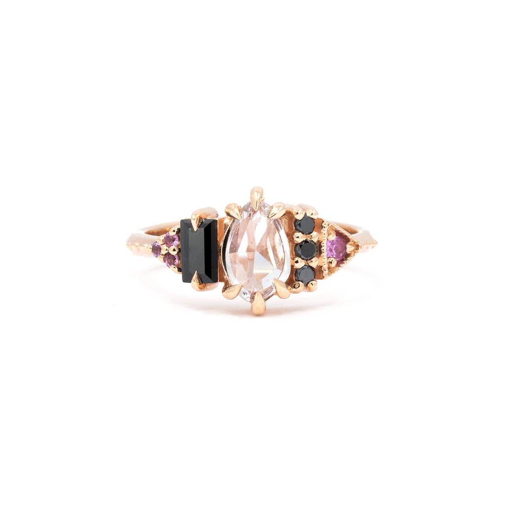 Alternative engagement ring with pink sapphire, black spinel, and black diamonds by Nadia Werchola. Contemporary Canadian design, Ruby Mardi.