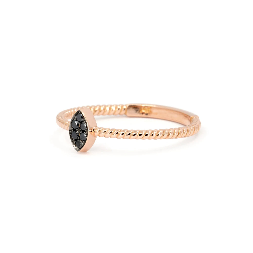 Side view of 14k rose gold ring with vertical marquise motif pavé-set with black diamonds, featuring a twisted band. Fine jewelry by Oleg Leybman, available at Ruby Mardi, Montreal.