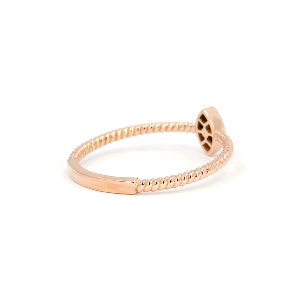 Back view of 14k rose gold ring with twisted band and vertical marquise setting. Fine jewelry by Oleg Leybman, handcrafted in Toronto, available at Ruby Mardi, Montreal.