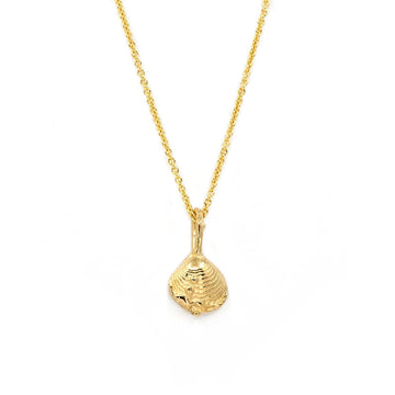 10k yellow gold pendant in the shape of an organic shell charm, featuring intricate details and small gold beads, photographed on a white background. Designed by Emma Glover, available at Ruby Mardi in Little Italy, Montreal.
