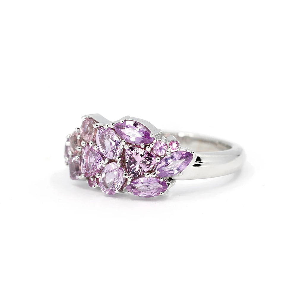 Ruby Mardi fine jewelry is proud to present the designer ring with light purple sapphires in trillion and marquise and princess shapes, set in white gold. Custom made in Montreal, this fine piece of jewelry is a one-of-a-kind piece and available for immediate sale.