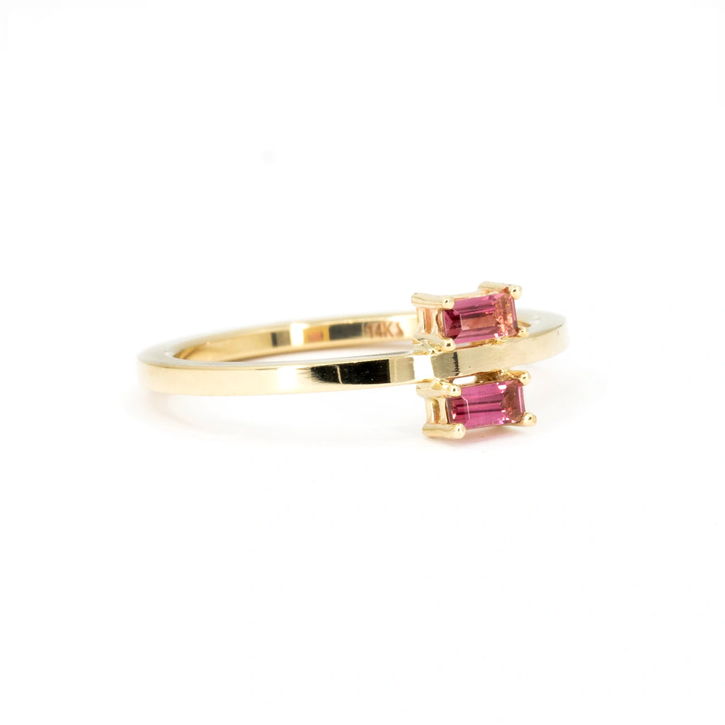 Designer ring with 2 pink tourmaline baguettes set in recycled 14k yellow gold. This unique fashion ring is from designer In the Light of Day Jewelry. Visit Ruby Mardi on their website for more designer jewelry pieces.