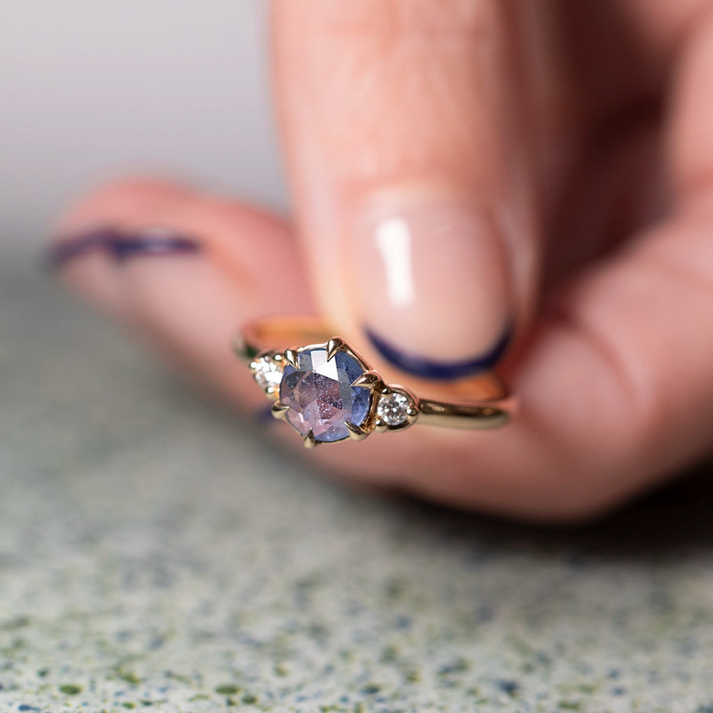 Light blue rose-cut sapphire ring with side diamonds in 14k yellow gold, fine jewelry by independent Canadian designer Yuliya Chorna, available at Ruby Mardi Montreal.