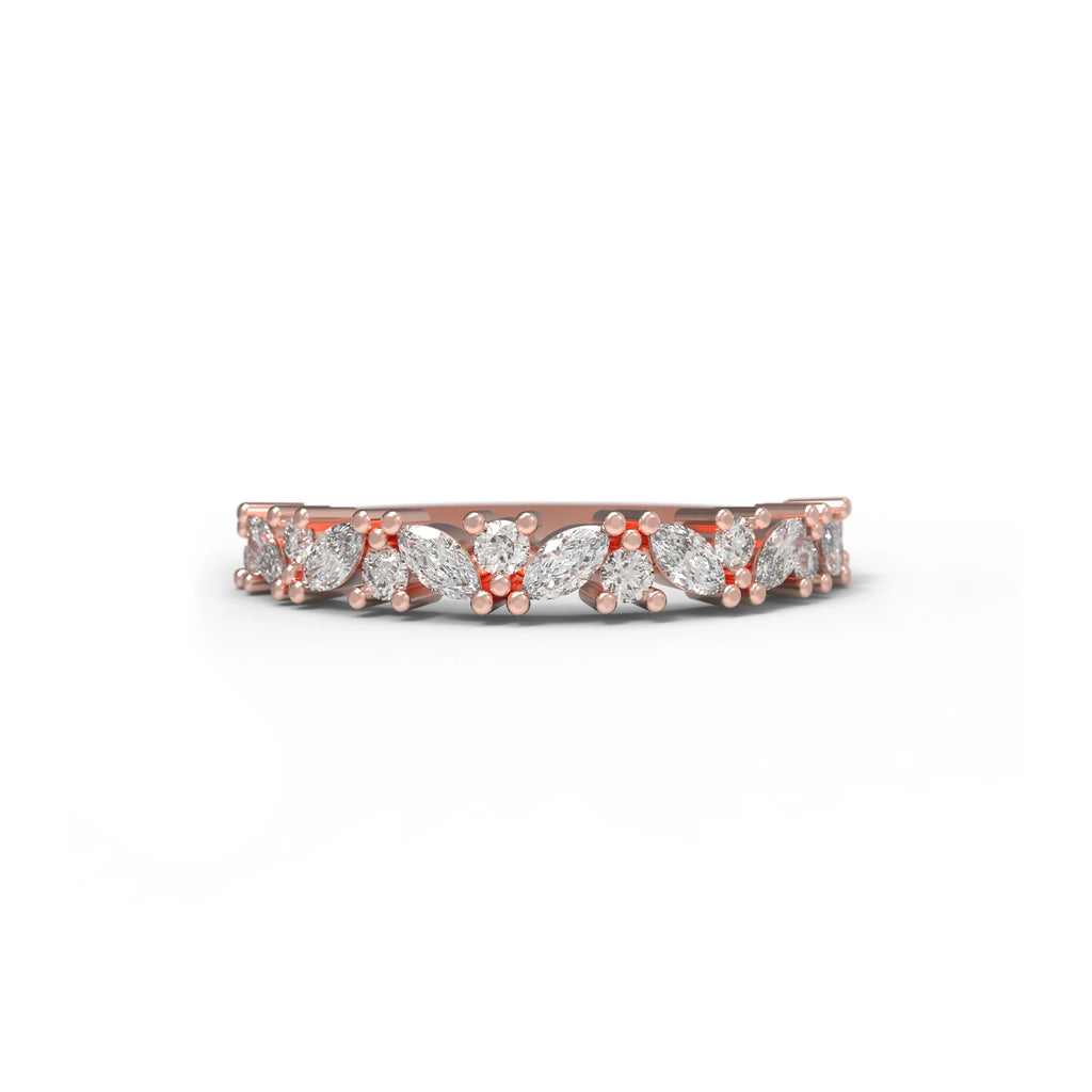 Rose gold cluster diamond band featuring marquise and round-cut stones, handcrafted by Fluid Jewellery. Available at Ruby Mardi in Montreal.