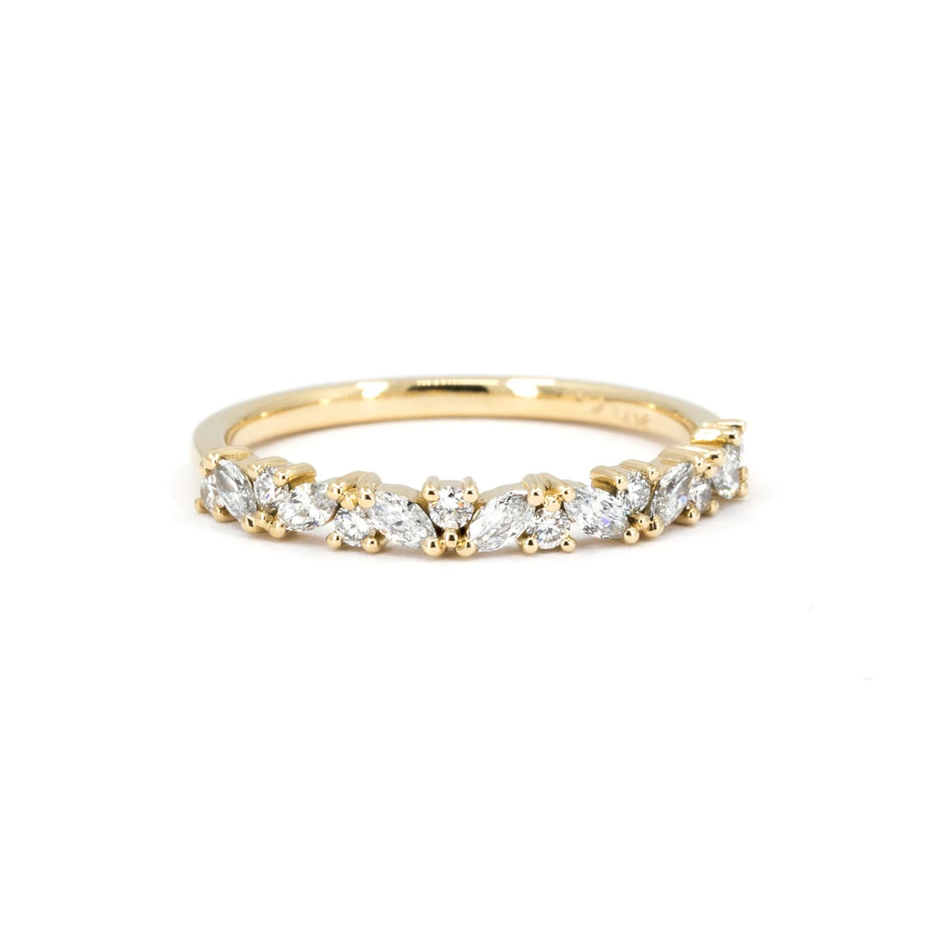 Front view of the marquise and round diamond wedding band, made by Fluid Jewelry in Canada.