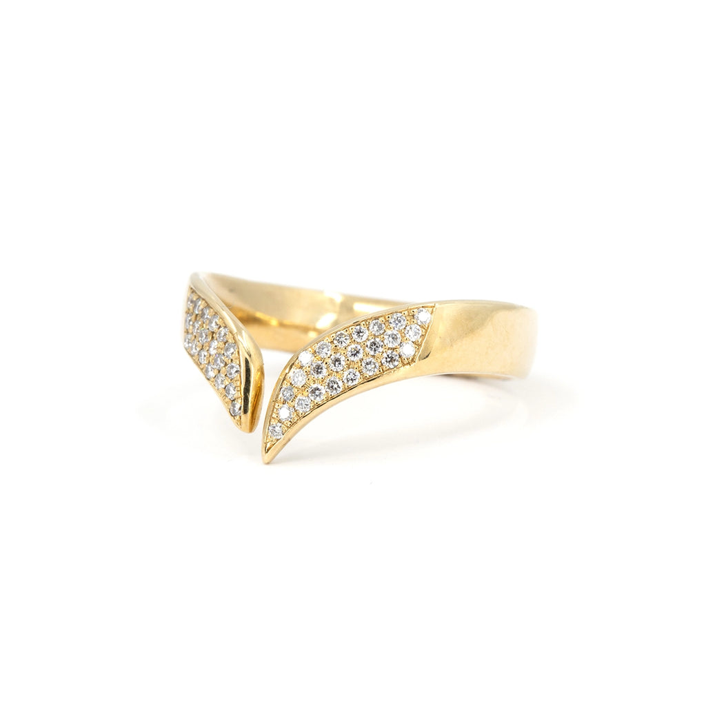 V-shaped diamond band in solid 10k yellow gold by Canadian jeweller Nadia Werchola, featuring a wide front surface fully pavé-set with lab-created diamonds. Photographed on a clean white background to highlight the bold open design and modern contour.