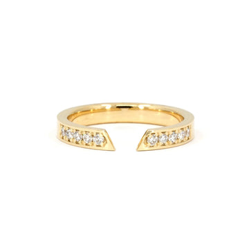 A gold open ring with 10 small diamonds, made to match another ring not pictured (a pentagonal diamond large and chunky gold band). The designer ring is seen photographed on a white background. This modern set of fashion jewellery was designed in Montreal by Bena Jewelry.