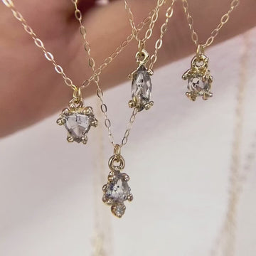 Video showcasing four stunning pendants by artist Meg Lizabet, all featuring unique salt & pepper diamonds. Each pendant is displayed in close-up, highlighting their distinctive shapes and intricate designs. The elegant craftsmanship and the captivating interplay of light on the diamonds exemplify the artistry behind these one-of-a-kind pieces, perfectly representing the spirit of Ruby Mardi.