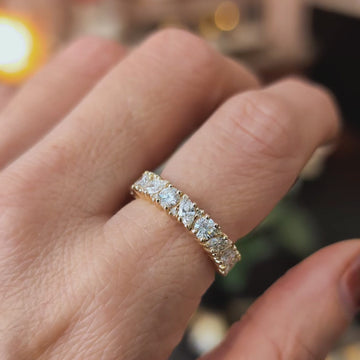 Video showcasing a yellow gold diamond wedding band with marquise and round brilliant diamonds, filmed at Ruby Mardi to show clarity and shine.