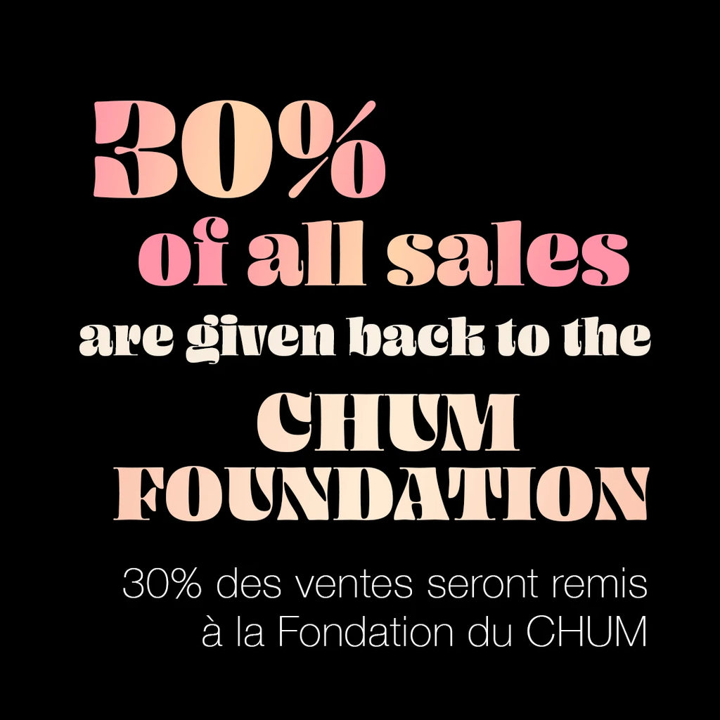 Announcement written funky letters on a black background saying that all sales of a gold pendant will be given back to the CHUM Foundation in Montreal.