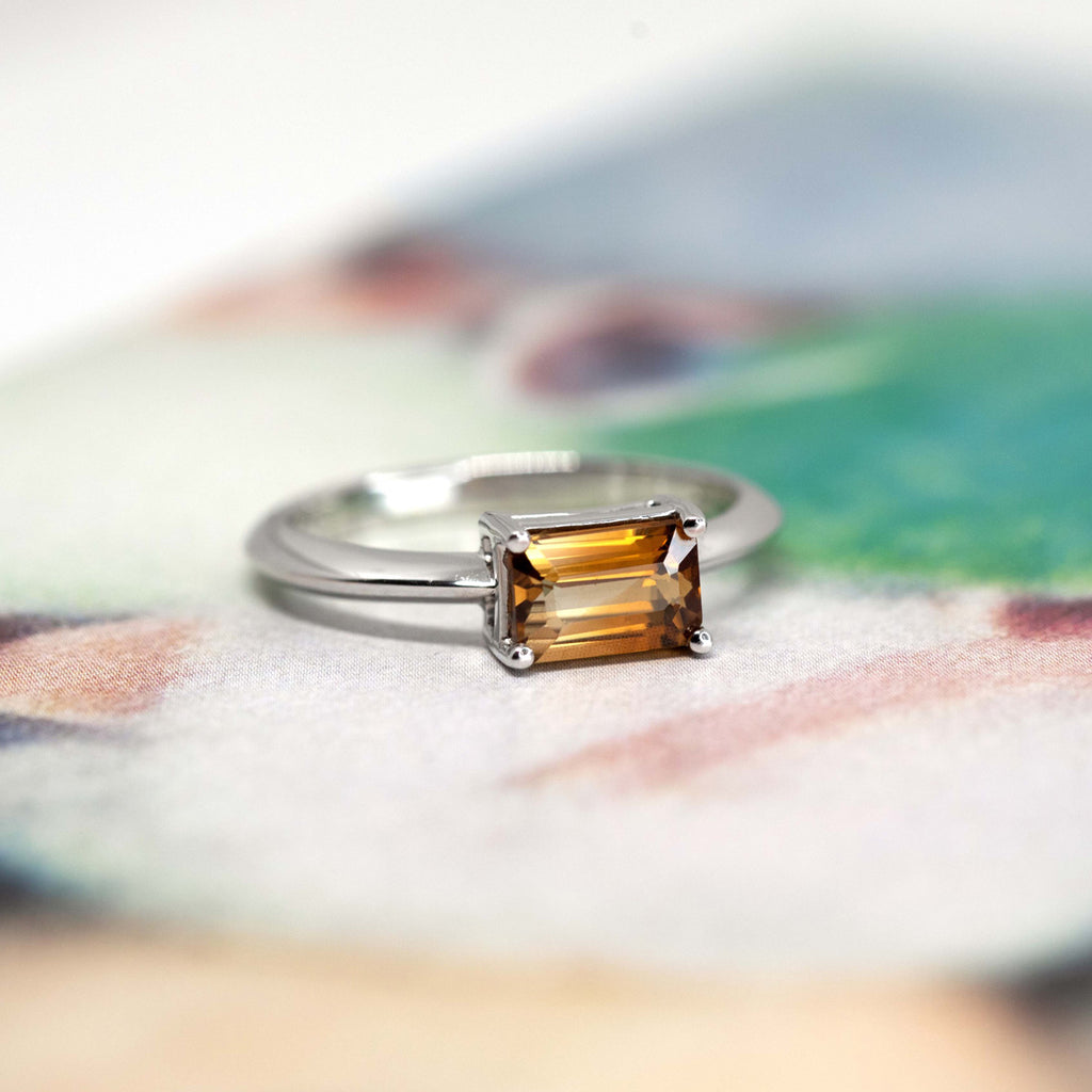 baguette shape orange zircon gemstone white gold bridal ring custom made by ruby mardi jewellery designer 