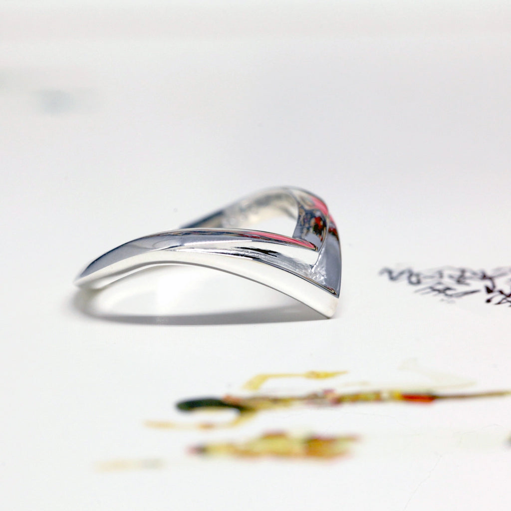side view of adorn silver ring unisex edgy bena jewelry on a white back ground and little drawing