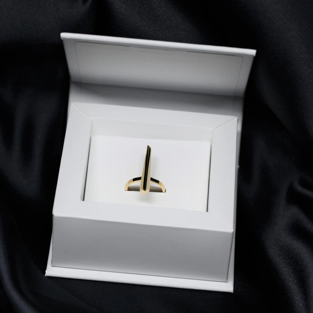 La bague Peak en vermeil du créateur de bijoux canadien Bena Jewelry, photographiée dans sa boîte assortie. Bijou moderne et prédominant fabriqué à la main disponible chez Ruby Mardi, en ligne ou dans la Petite Italie de Montréal.