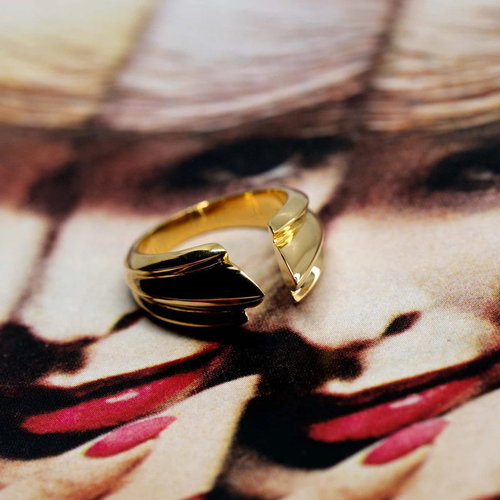 vermeil gold edgy unisex bena jewelry designer ring in montreal for the best jeweler in canada boutique ruby mardi on multi color background