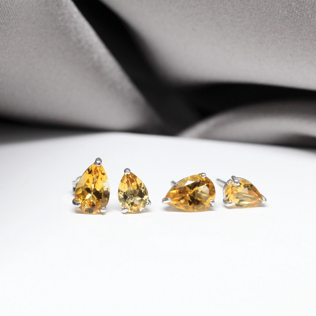 Small and big gemstone silver stud earrings citrine quartz natural untreated gemstone by Bena Jewelry Montreal Jewelry Designer made in Canada