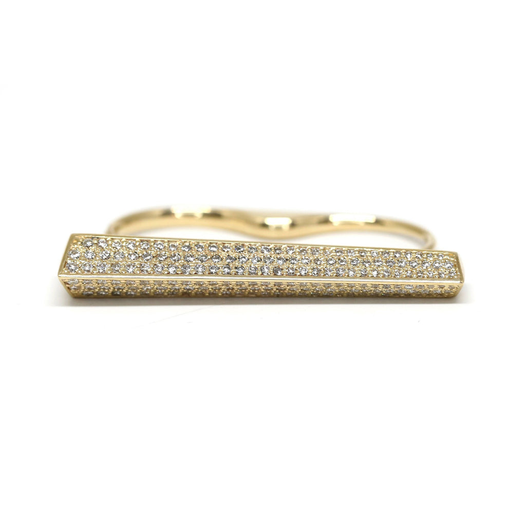 Punch ring in its yellow gold and diamond pavé version. A comfortable double finger ring that shines! Bold, trendy, edgy and modern fine jewelry. Lab grown diamonds were used so this piece stays affordable. 