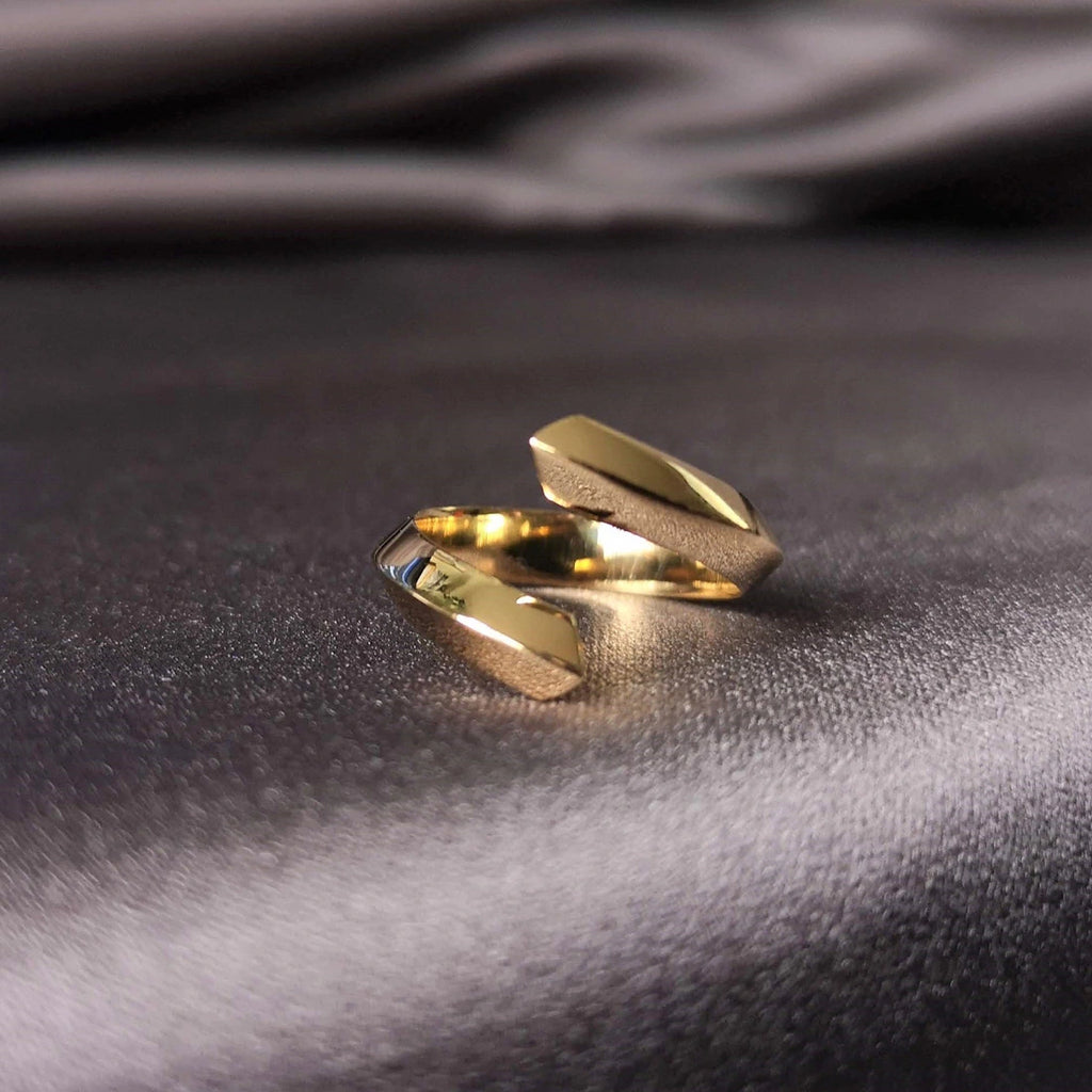 Fashion shot of a gold vermeil ring by designer Bena Jewelry. Modern designer jewelry available at Ruby Mardi, the only fine jewelry gallery in Montreal. Custom jewelry services also offered.