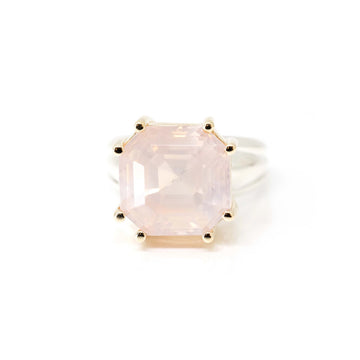 rose quartz statement designer cocktail ring octagon shape light pink natural gemstone custom made in montreal by ruby mardi jeweler on a white background