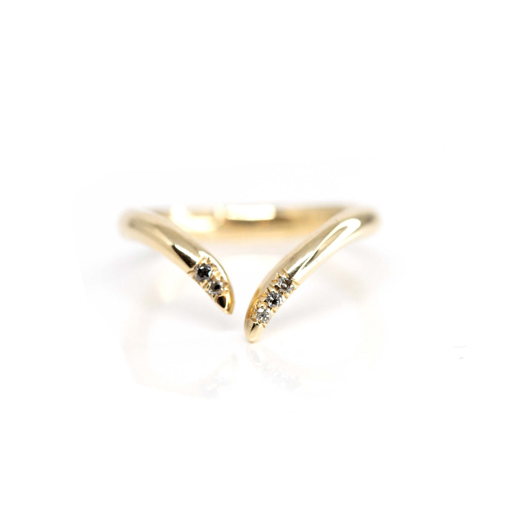 Open in deep V wedding band in yellow gold with 6 diamonds and photographed on a white background. Beautiful band to stack with most shapes of engagement rings. 