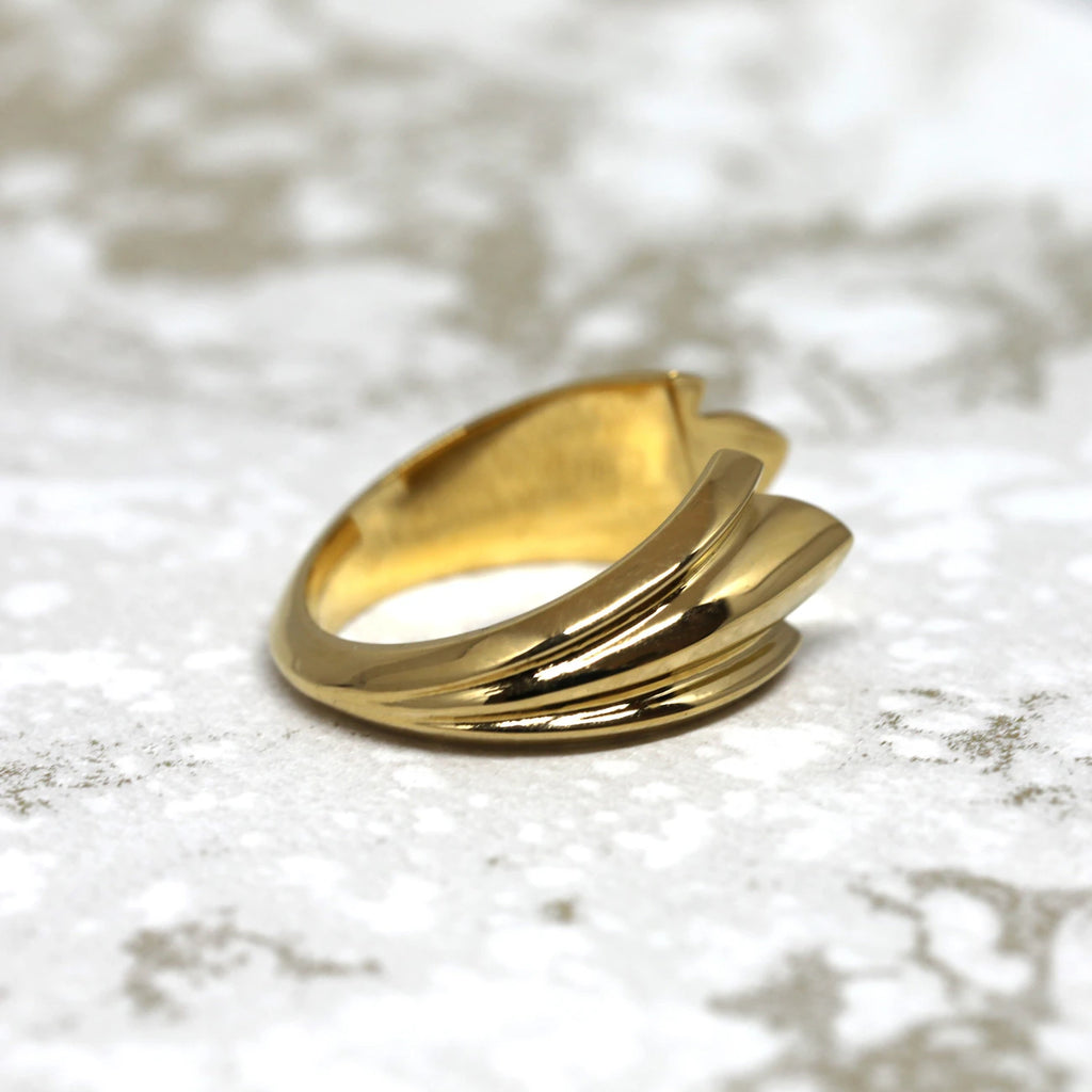 side view of yellow gold men crown ring edgy unisex bena jewelry montreal at boutique ruby mardi on a white and golden background