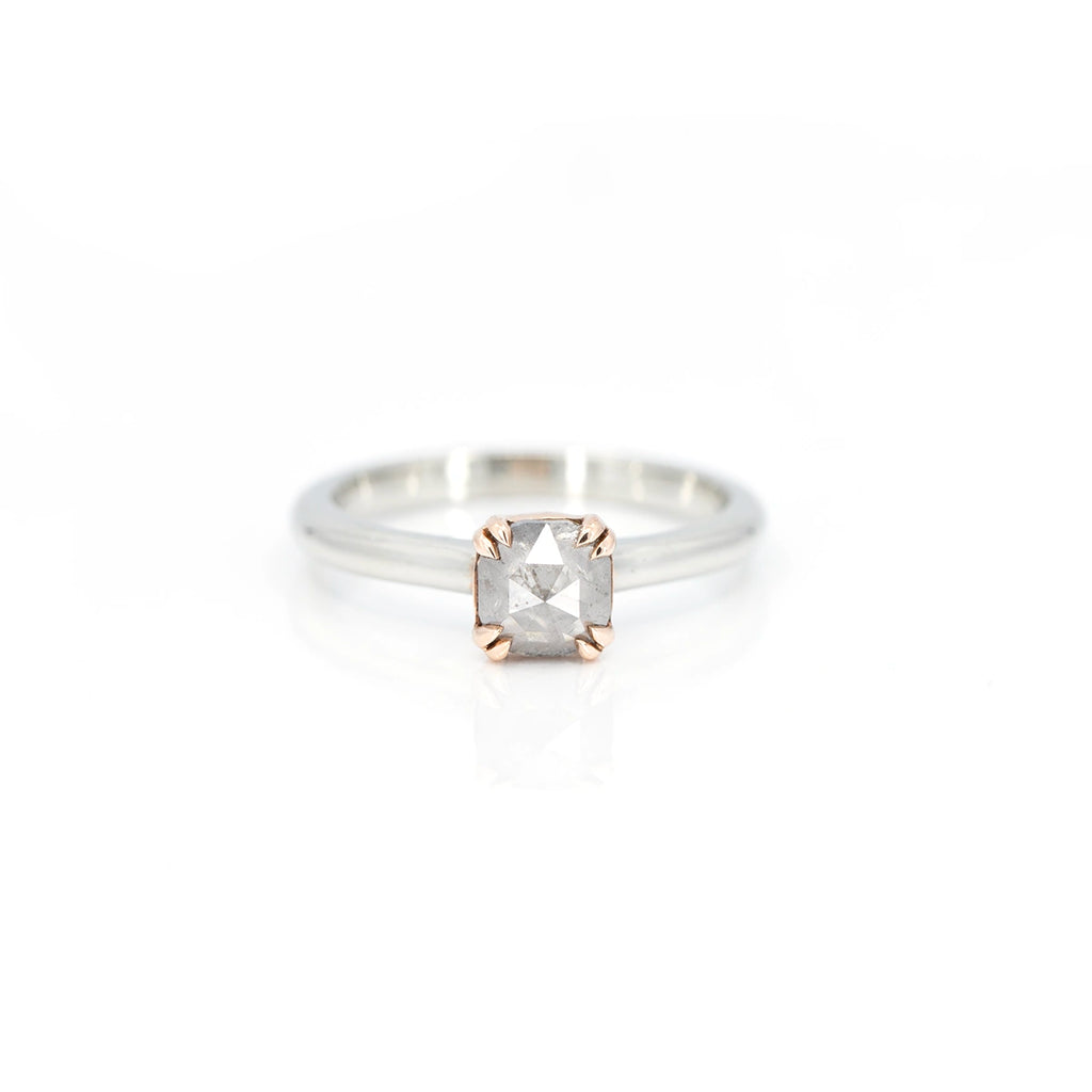 montreal engagement ring made with salt and pepper diamond made by the designer Arsaeus best canadian design made in white and rose gold bespoke bridal jewellery on white background