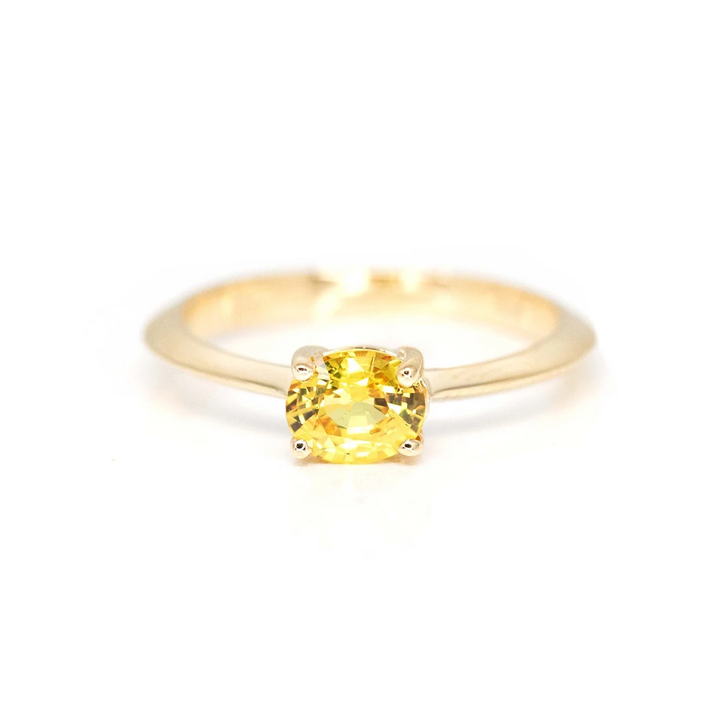 front view yellow sapphire custom made gold fine bridal jewelry store boutique ruby mardi montreal gemstone engagement ring on a white background
